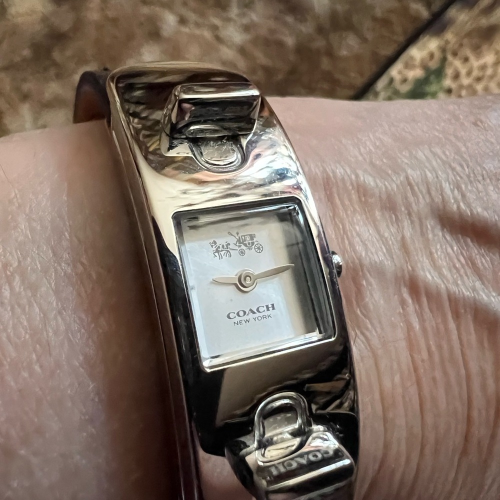 Coach Silver Women's Watch with Black Leather Band
